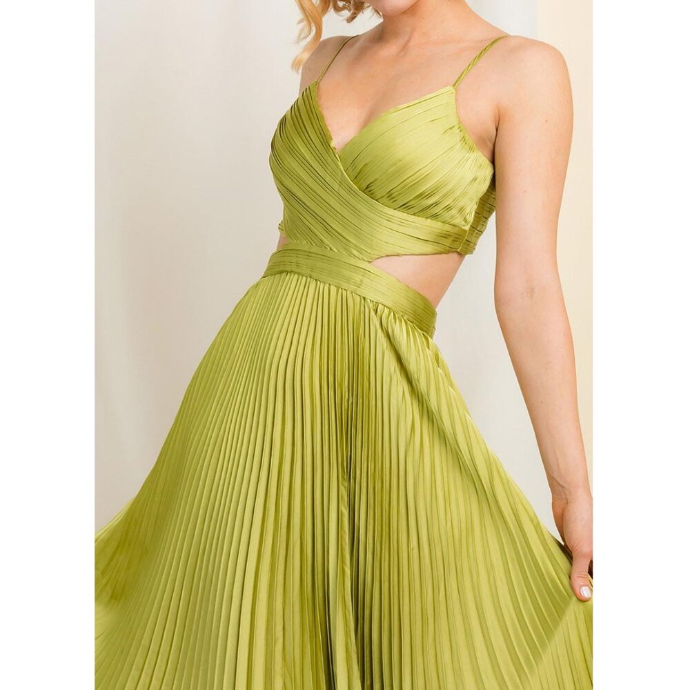 Lime Green Pleated Cutout Formal Wedding Party Maxi Dress 8 - Picture 4 of 5